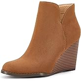 LAICIGO Womens V Cut Wedge Ankle Booties Zip-up Closed Toe Stacked Heel Faux Suede Winter Boots