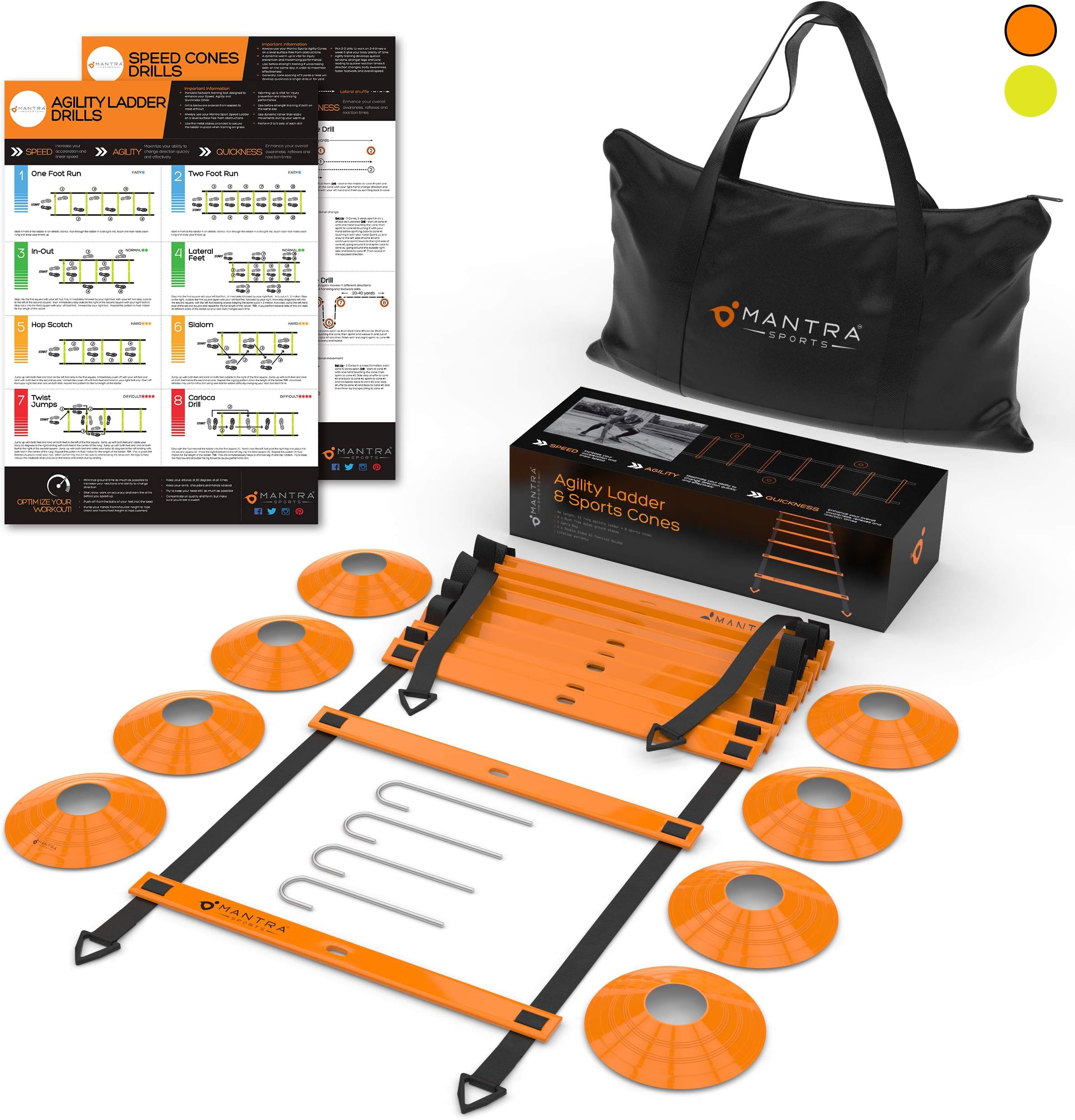 20ft Agility Ladder & Speed Cones Training Set - Exercise Workout Equipment To Boost Fitness & Increase Quick Footwork - Kit for Soccer, Football, Hockey & Basketball - With Carry Bag & Drill Charts