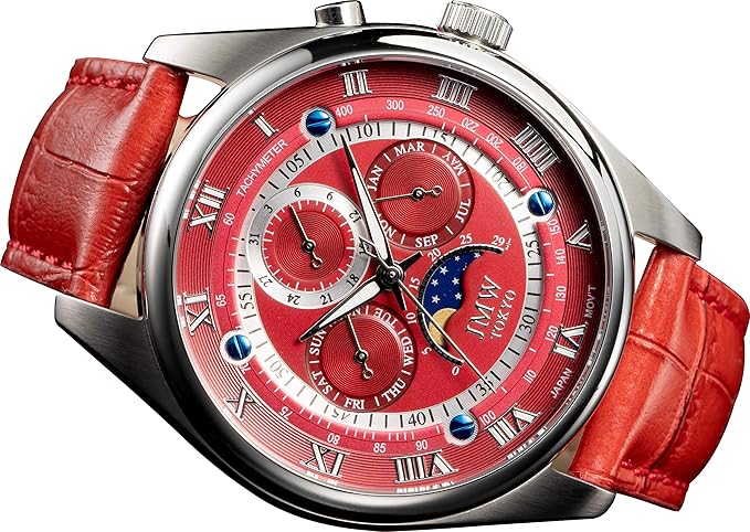 Amazon Jmw Tokyo 腕時計 メンズ 防水 レッド シルバー上級 ムーンフェイズ 本革ベルト ローマ数字 インデックス 100m防水 タキメーター ムーブメント シチズン 父の日 世界限定300本 メンズ腕時計 腕時計 通販