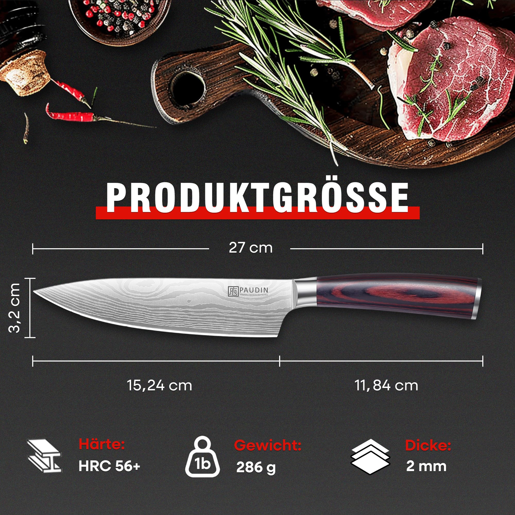 PAUDIN Kochmesser 15 cm Küchenmesser klein scharf profi Messer als Allzweckmesser Fleischmesser Gemüsemesser aus hochwertigem Edelstahl mit ergonomischem Holzgriff 2