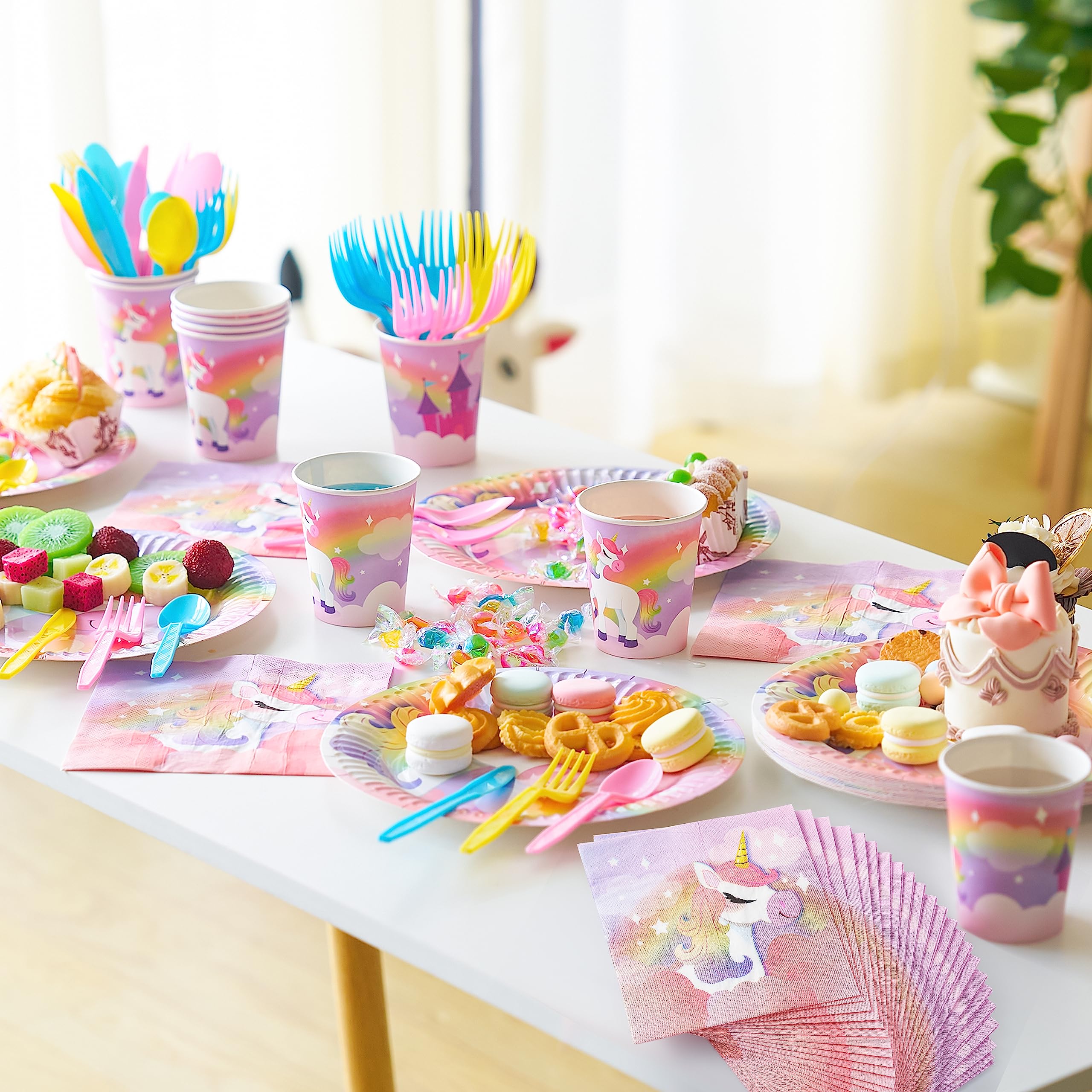 JOYIN 145 Pcs Unicorn Birthday Party Supplies with Unicorn Banner for Girls, 24 Serves Unicorn Disposable Tableware Set with Plates , Cups, Napkins, and Cutlery Sets for Unicorn Themes Party Kids
