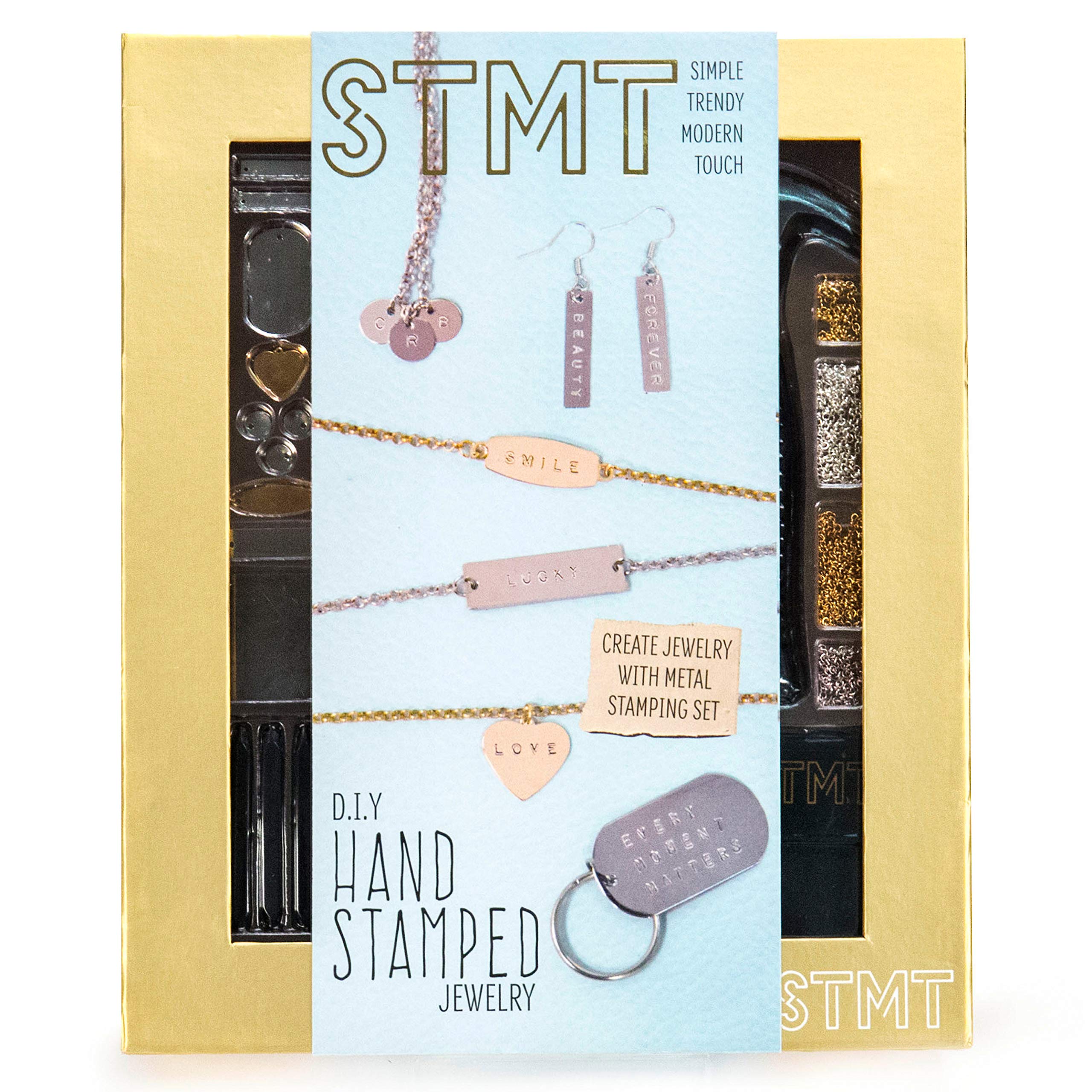 STMT DIY Hand Stamped Jewelry by Horizon Group USA, Create Personalized Earrings, Bracelets & Necklaces with Metal Stamping Set. Letter Stamp Set, Hammer, Stamping Block, Charms & Earrings Included