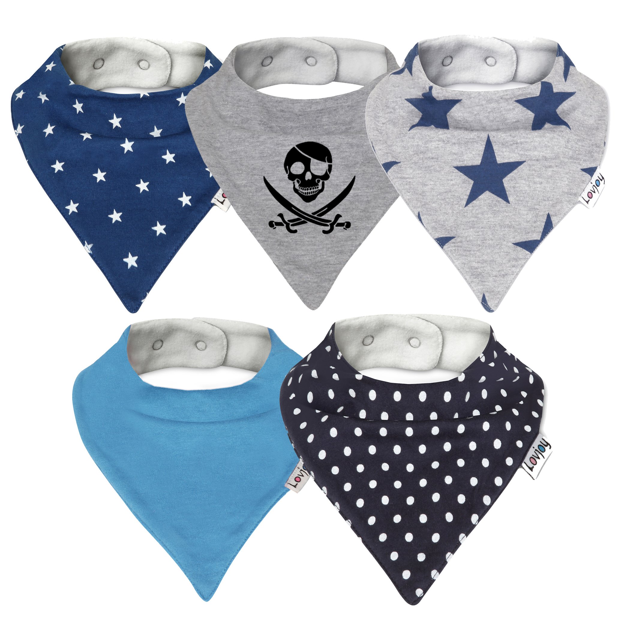 Lovjoy Bandana Dribble Bibs - Super Absorbent & Soft for Teething Babies - Adjustable Snaps - Fits Newborn to 3 years - 5 Pack (Simply Blue)