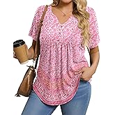 IN'VOLAND Womens Plus Size Tunic Top Summer Short Sleeve T-Shirt V-neck Button Up Dressy Blouse Casual Pleated Pullover 1X-5X