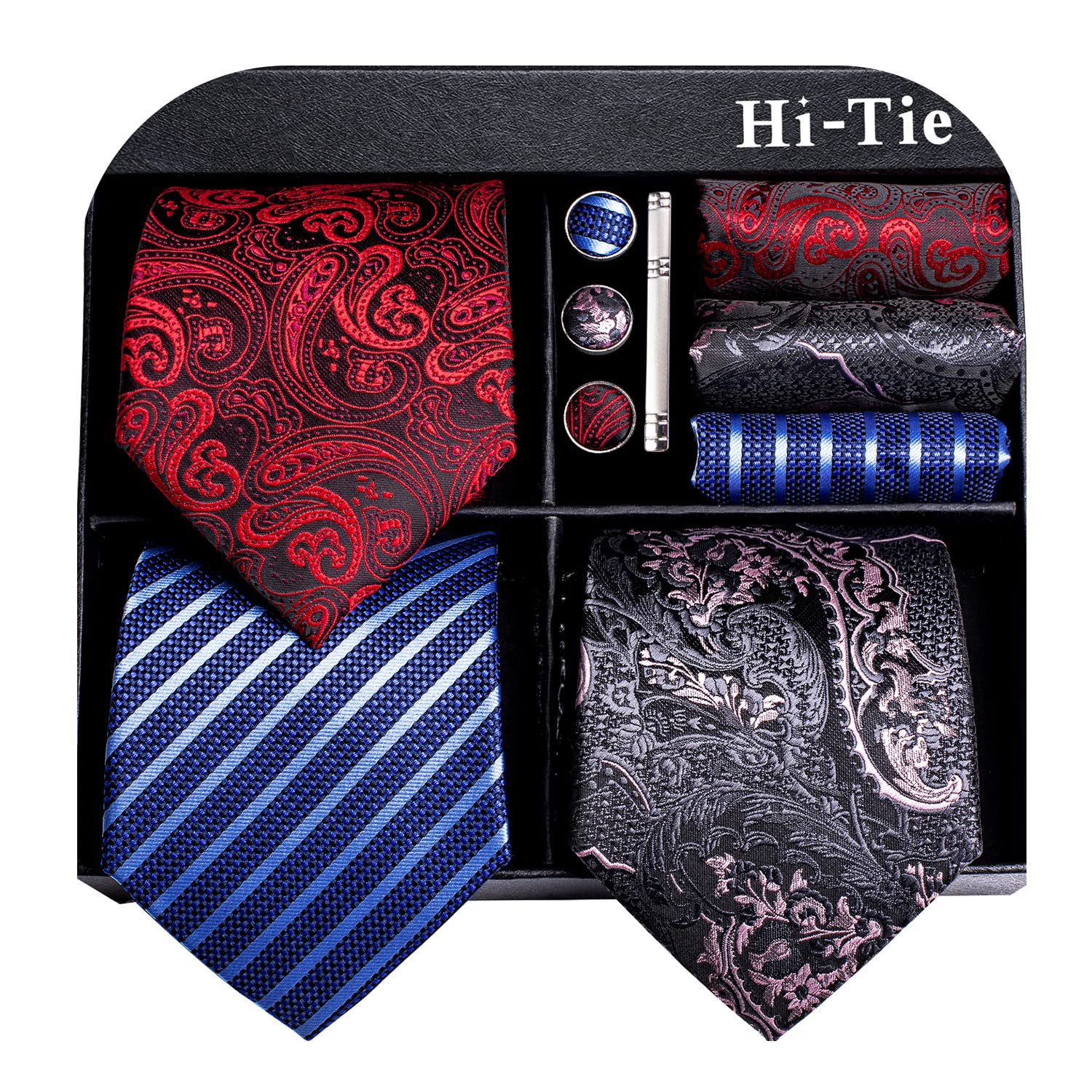Hi-Tie 3 Pcs Gift Box Mens Tie Set Necktie with