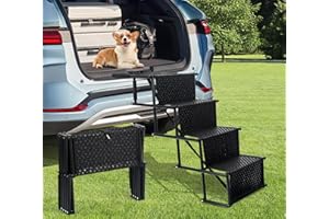 FOLTUSYMY Dog Stairs for Car, Foldable Dog Stairs with Non-Slip Dog Paw Print Oxford Cloth, 4 Steps Dog Stairs Support 150 lbs for Large Dog, Injured Dog, Short Legged Dog, Suitable for Cars SUVs, High Beds