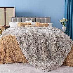 GONAAP Fuzzy Faux Fur Throw Blanket Frosty Grey