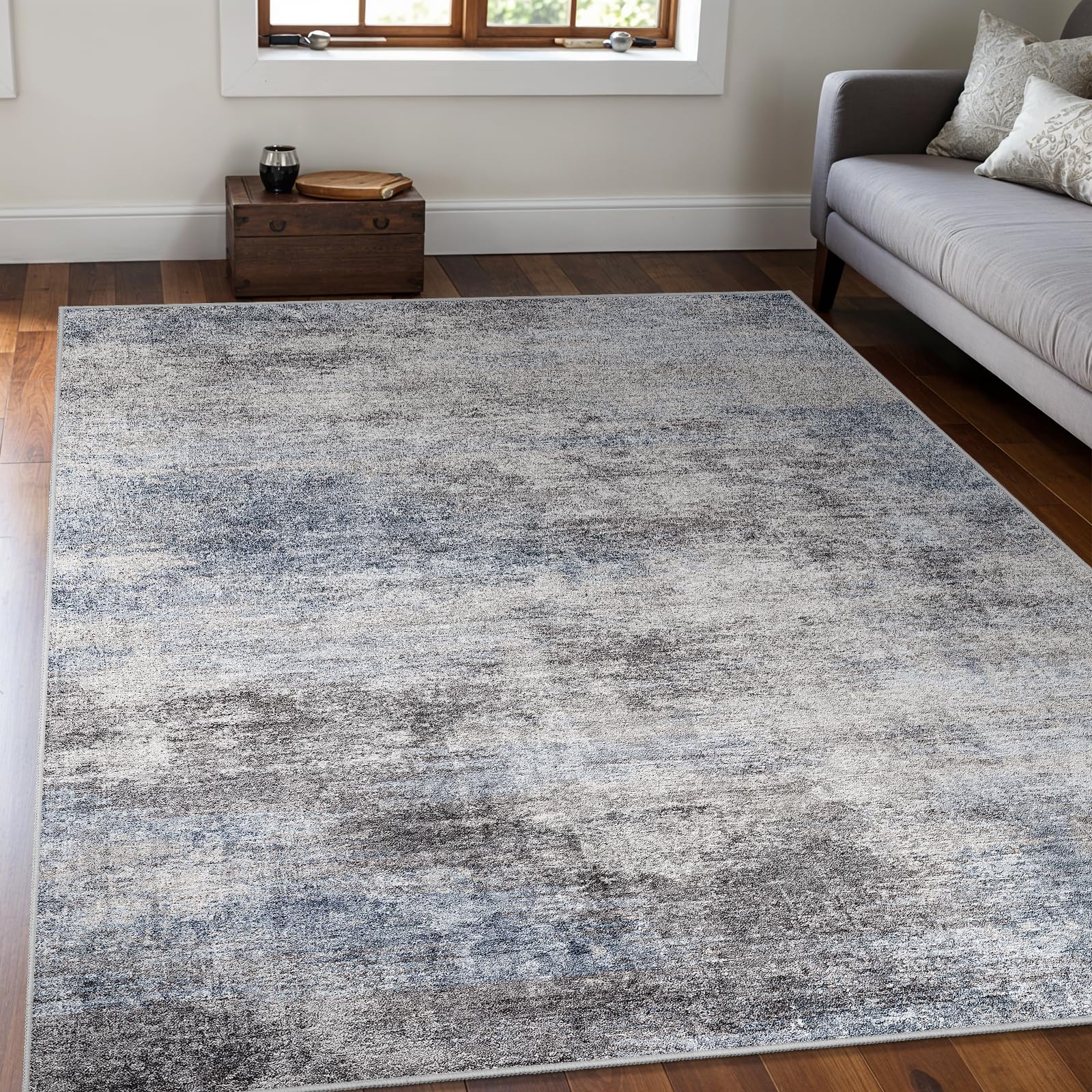 Photo 1 of Washable Abstract 5x7 Area Rug: Low Pile and Non-Slip Rubber Backing Modern Large Soft Stain-Resistant Carpet for Living Room Bedroom Dining Room Kitchen and Home Office Blue Grey