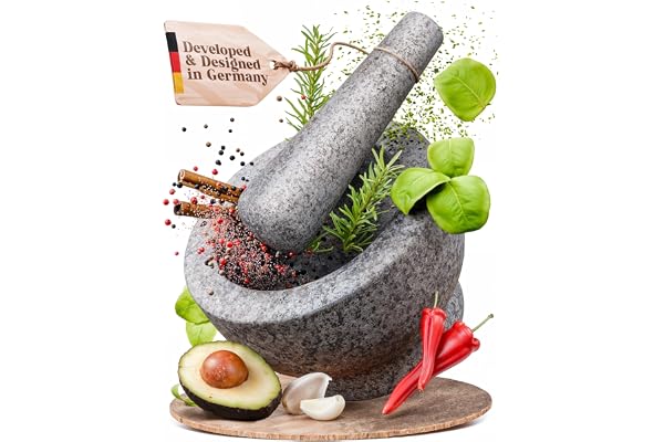 ChefSofi Mortar and Pestle Set - Unpolished Heavy Granite for Enhanced Performance and Organic Appearance - Included: Anti-Sc