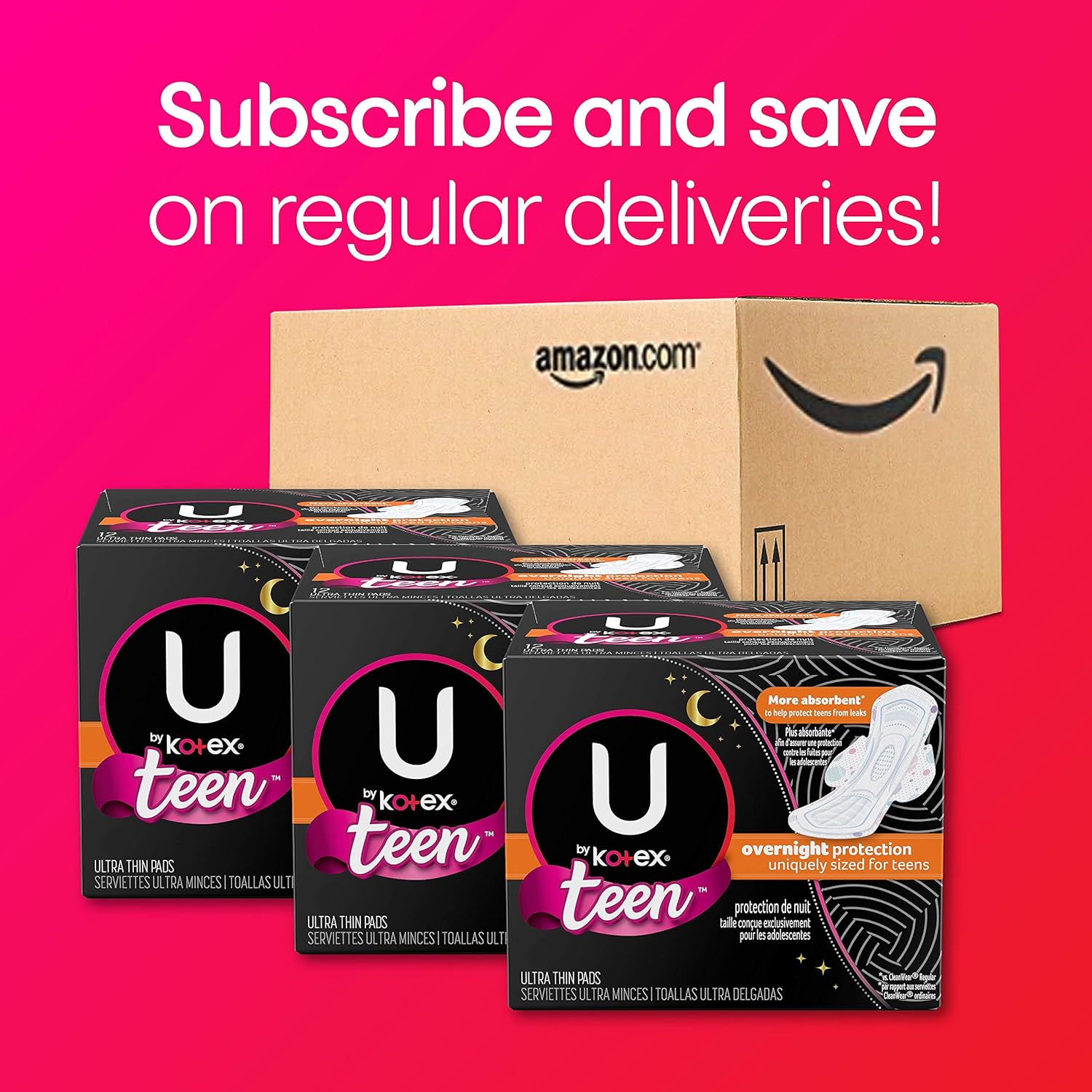 U by Kotex Ultra Thin Teen Feminine Pads with Wings, Overnight Protection, Unscented, 48 Count (4 Packs of 12) (Packaging May Vary): Health & Personal Care