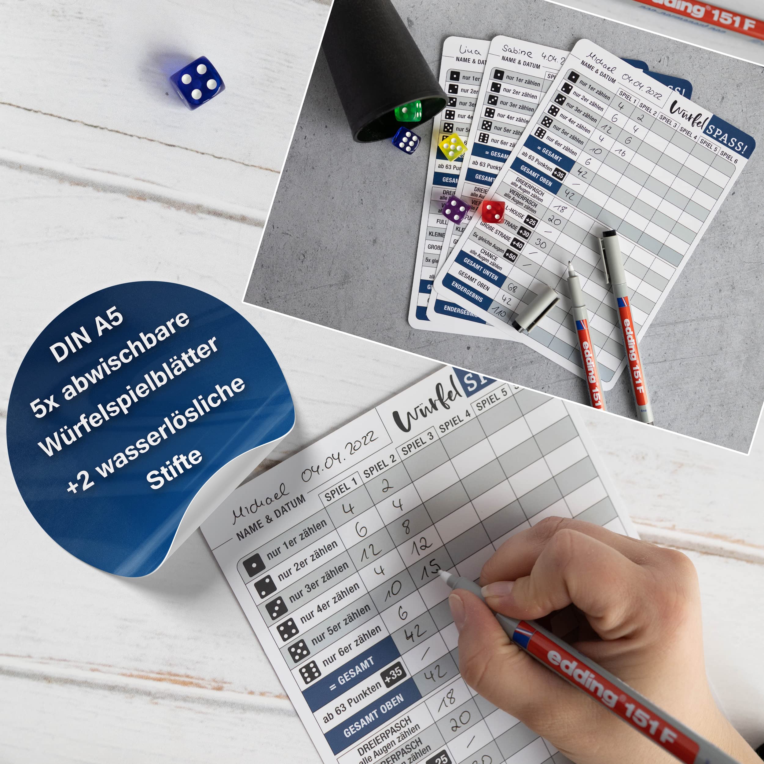 TOBJA Würfelspiel abwischbar inkl. Stifte - 5X DIN A5 Blätter wiederverwendbar mit 2 Stiften | Für Senioren Extra große Schrift/Zahlen | Reisespiele Seniorenspiele (5X abwischbar + Stifte) 5