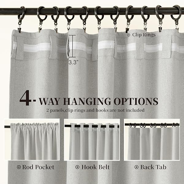 KANGBANG 90 INCH BLACKOUT CURTAINS 2 PANELS,HOOK BELT BACK TAB RUSTIC FARMHOUSE LINEN CURTAINS, HEALING COLORS PLEATED CURTAIN DRAPES FOR LIVING ROOM(52 BY 90 INCHES LONG, LIGHT GREY)