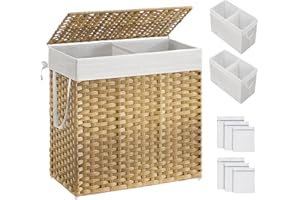 SONGMICS Laundry Hamper with Lid, 130L Clothes Hamper with 2 Removable Liner Bags, 6 Mesh Bags, Wicker Laundry Basket, Double Laundry Hamper for Bathroom, 13 x 26 x 23.6 Inches, Natural ULCB253N01