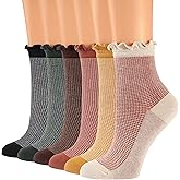 Qqmump Women Ruffle Socks, Cotton Retro Frilly Striped Socks, Cute Checkered Ankle Sock for Women, Vintage Casual Dress Sock