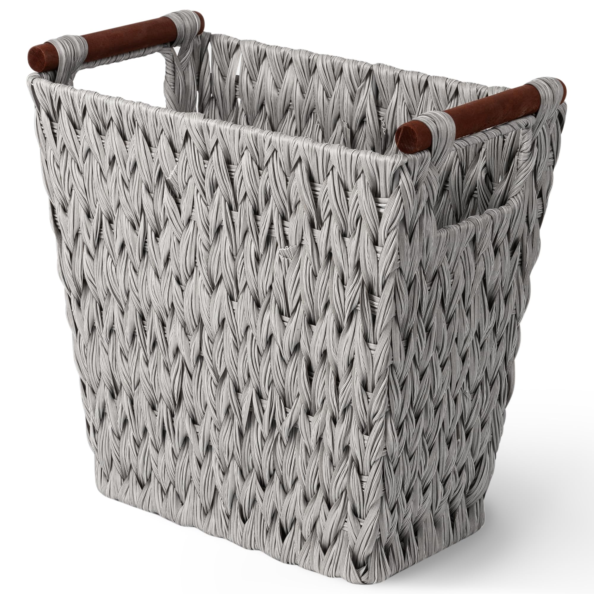 Photo 1 of GRANNY SAYS Woven Waste Basket, Gray Wicker Basket with Wood Handles, Wicker Waste Basket for Bathroom Living Room, 1-Pack, 13" x 7 ½" x 12 ½"