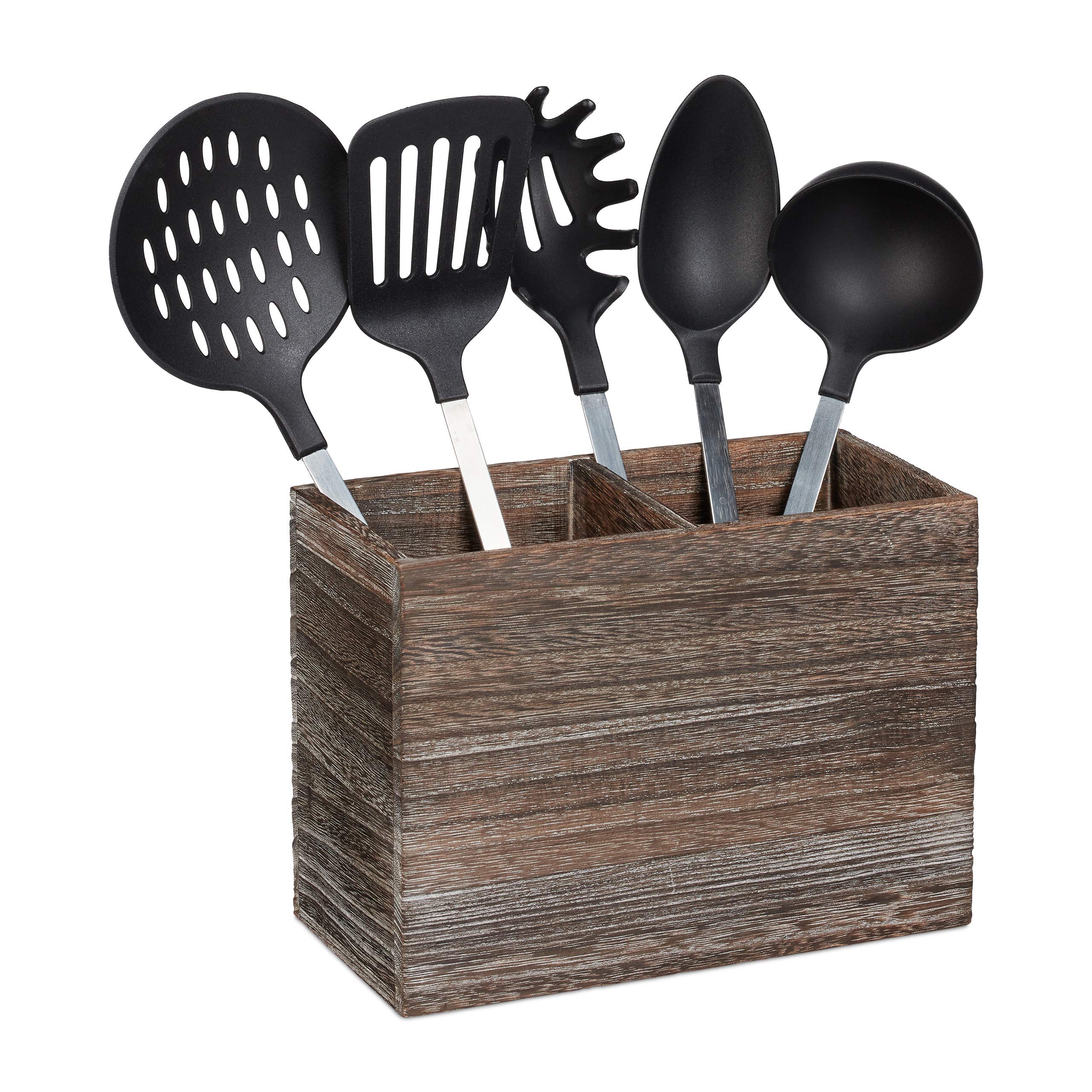 Relaxdays Utensil Holder Kitchen, 2 Compartments For Cutlery, HWD 17x24x12 cm, Wood Cutlery & Utensil Caddy, Dark-brown