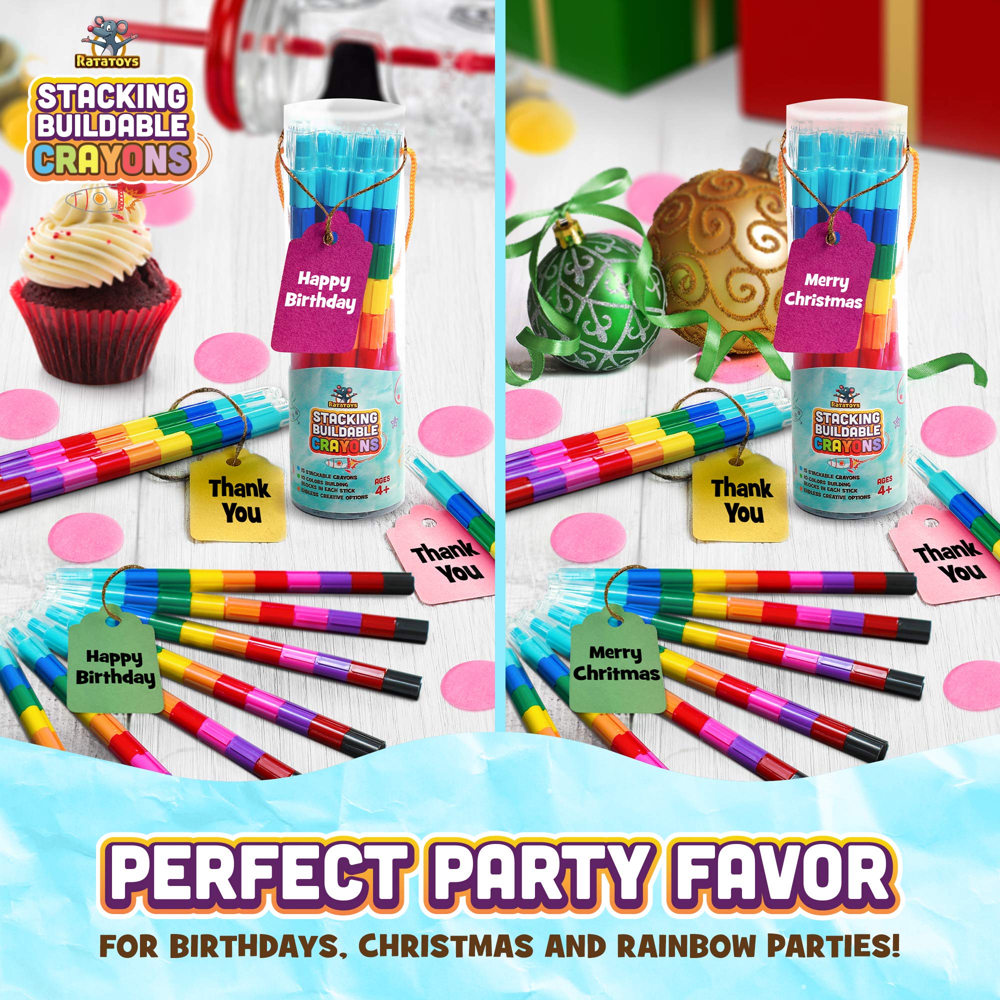 Ratatoys Stacking Crayons, 15 pc Set, Buildable and Stackable for Drawing, Coloring, or Arts and Crafts, Large Preschool Friendly Connect Pieces, Party Favor and Classroom Fun