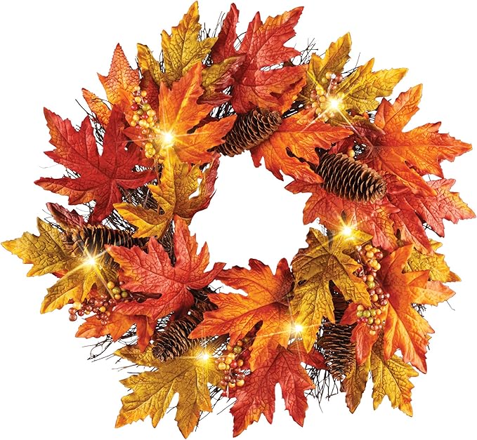 Lighted LED Autumn Colorful Leaves Wreath Decoration with