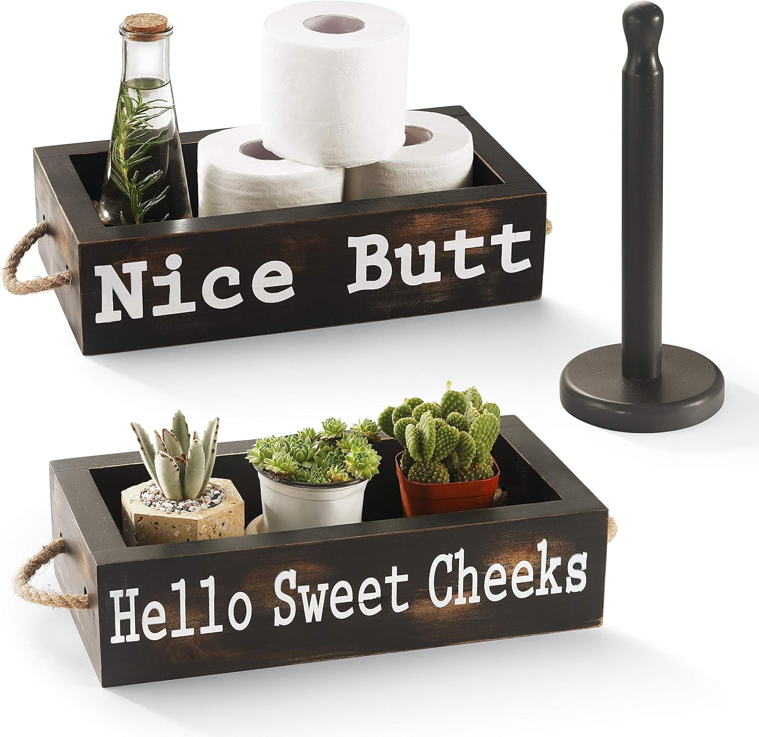 CABASAA Nice Butt Bathroom Decor Box, 2 Sided Funny Toilet Paper Holder, Farmhouse Rustic Wood Organizer, Funny Home Decor, Wooden Crate with Rope Handles (Dark Grey)