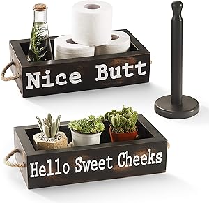 CABASAA Nice Butt Bathroom Decor Box, 2 Sided Funny Toilet Paper Holder, Farmhouse Rustic Wood Organizer, Funny Home Decor, Wooden Crate with Rope Handles (Dark Grey)