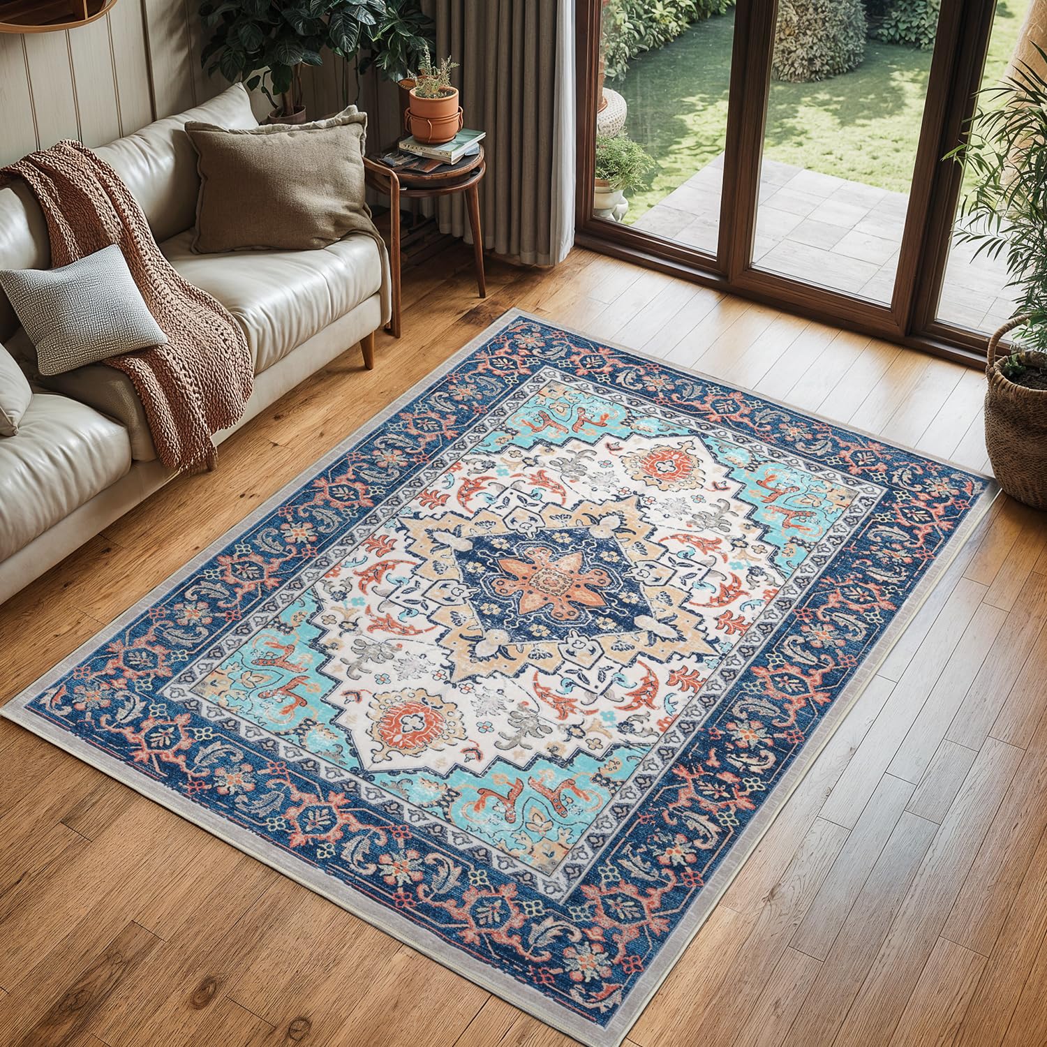 Lofus 3x5 Area Rugs for Living Room, Machine Washable Area Rug, Soft Small Rugs for Bedroom, Kitchen, Office and Indoor, Vintage Boho Carpet, Non-Slip Low Pile Carpets, Floral Blue Image