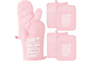GROBRO7 6Pcs Cotton Oven Mitts Pot Holders Funny Women Resistant Hot Pads Machine Washable Microwave Gloves with Hanging Loop Pocket Potholder for Kitchen Baking Cooking GrillingPink