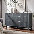 T4TREAM Fluted 7 Drawers Dresser, 54" Wide Modern Chest of Drawers with Faux Marble Top, Curved Profile Design, Dresser TV Stand, Wood Drawer Organizer for Bedroom, Living Room, Hallway, Dark Grey