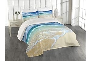 Lunarable Wave Coverlet Set King Size, Beach with Foamy Waves on Empty Sea Shore Holiday Theme Serene Coastal, 3 Piece Decorative Quilted Bedspread Set with 2 Pillow Shams, Brown White