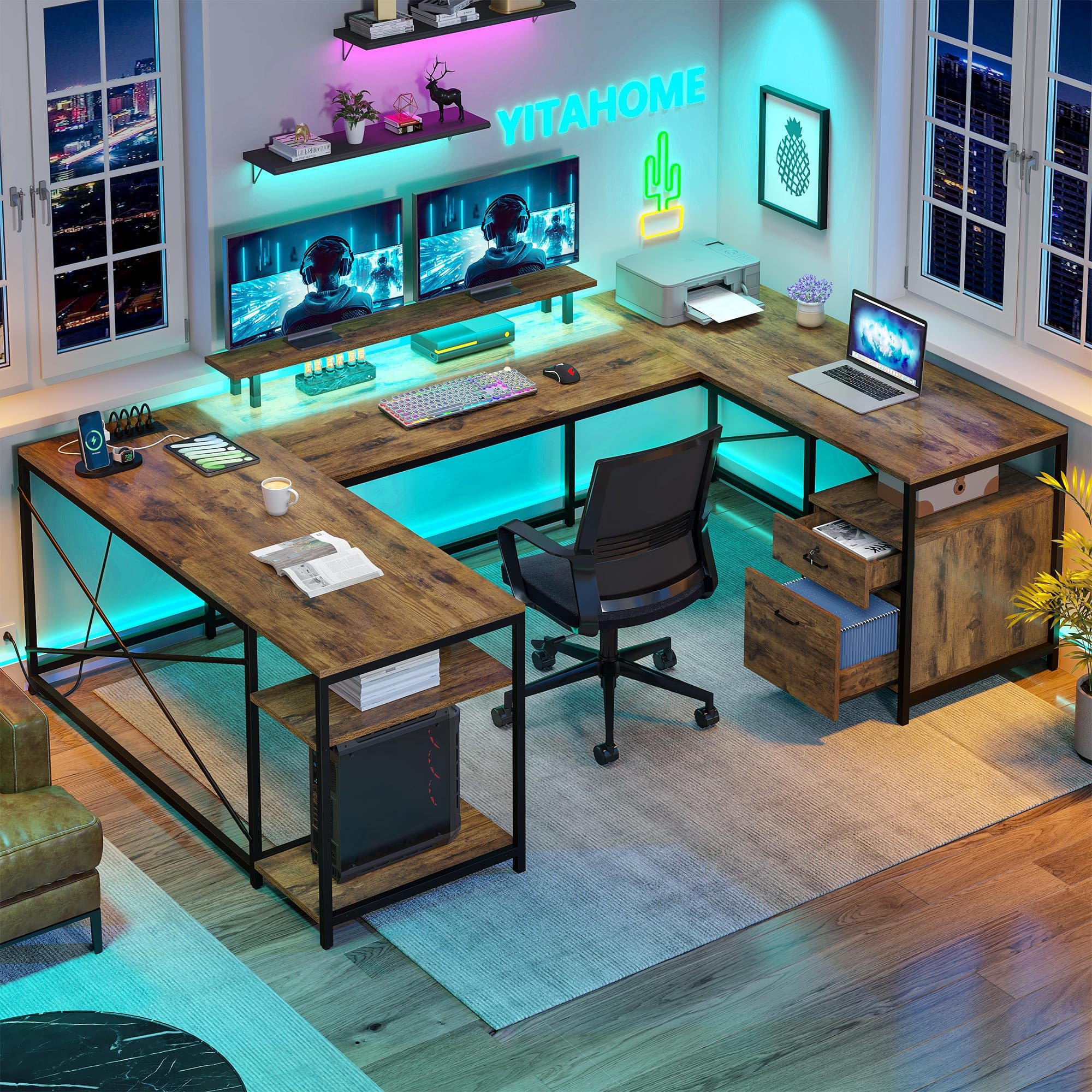 Photo 1 of ***For parts only, missing parts
YITAHOME U Shaped Desk with Power Outlets & LED Lights, 79" Reversible L Shaped Desk with Drawers, Corner Computer Desk Office Desk with Monitor Stand & Storage Shelves, Rustic Brown