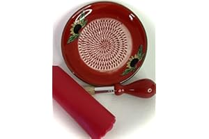 BonCera, All-in-one Premium Ceramic Garlic Grater Plate 4-Piece Set - Red Sunflower Design, Classic Style - For Garlic, Ginge