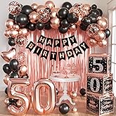Rose Gold 50th Birthday Decorations for Women - 50 and Fabulous Party Supplies Include 3pcs Balloon Boxes, Number 50 Foil Balloons, Fringe Curtains, Black Pink Garland Arch Kit - Photo Props