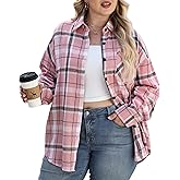 Dookttker Womens Plus Size Buffalo Plaid Flannel Shirt Long Sleeve Collar Button Down Blouses Loose Lightweight Tops