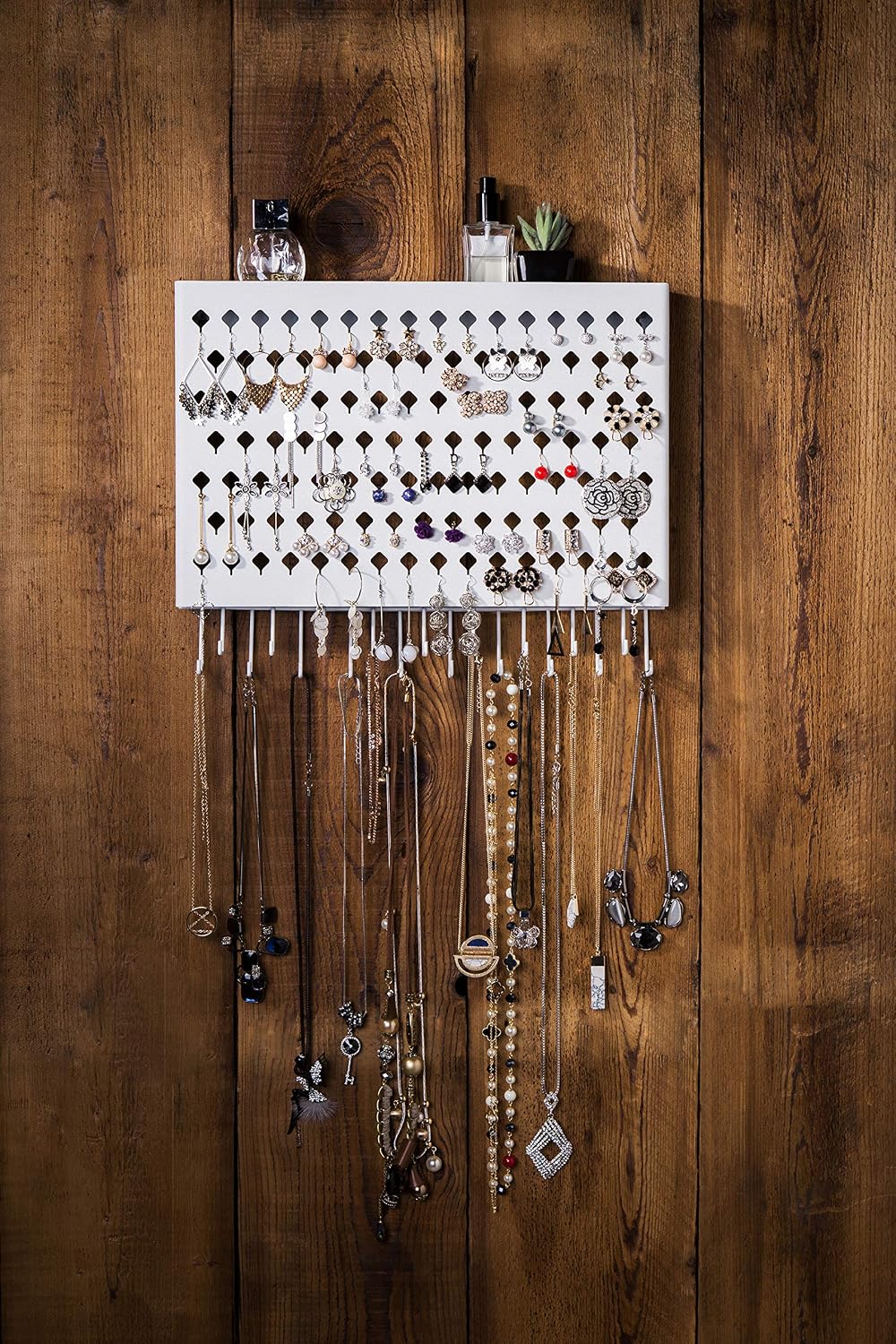 JackCubeDesign Wall Mount Earring Jewelley Hanger Organiser Holder Necklace Bracelet Rack Storage Display Stand Hanging Iron with 109 Holes/19Hooks(White - Image 4