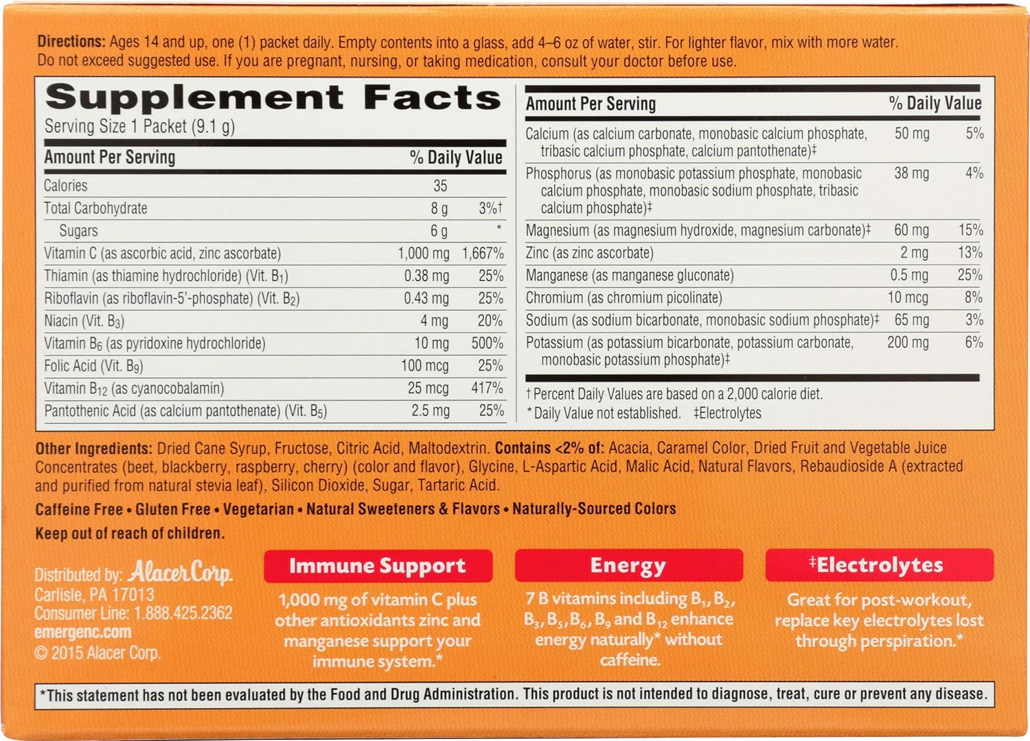 Emergen-C 1000mg Vitamin C Powder, with Antioxidants, B Vitamins and Electrolytes, Immunity Supplements for Immune Support, Caffeine Free Fizzy Drink Mix, Raspberry Flavor - 30 Count/1 Month Supply: Health & Personal Care