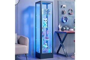 BECHAEO Glass Display Cabinet with 12 Color Lights and Lock, 4-Tier Curio Cabinet with Tempered Glass Door, Adjustable Shelves, 63" Metal Display Case for Collectibles Living Room, Black