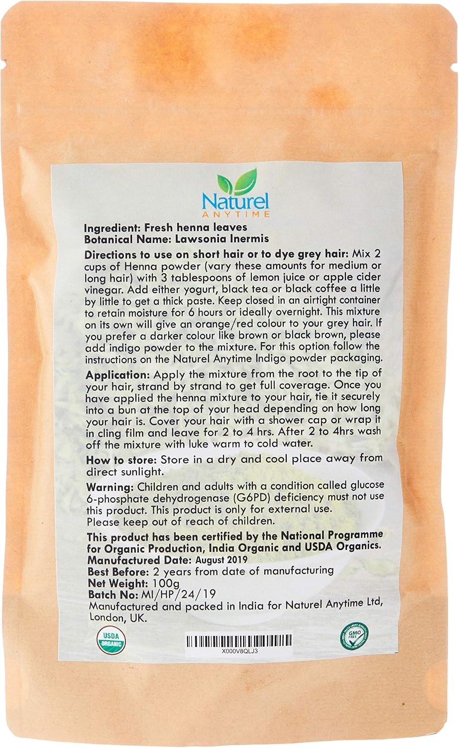 Naturel Anytime Organic Henna for Face & Body (100g), 100% Pure Natural Chemical Free Hair Dye - Image 3
