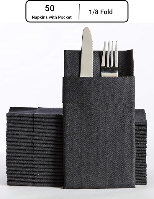 Black Dinner Napkins Cloth Like with Builtin Flatware