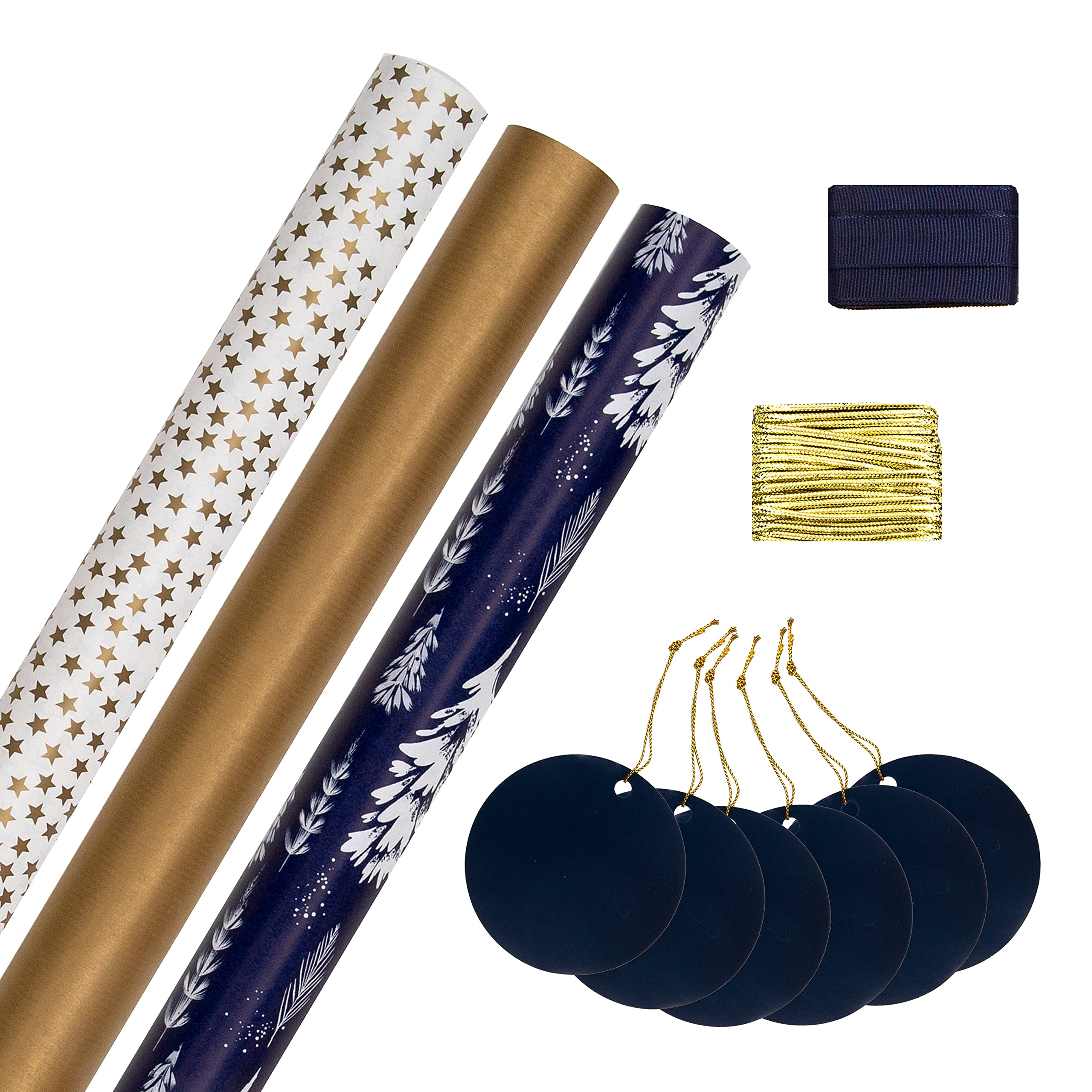 Hallmark Christmas Gifting Compendium, 3 Pack Wrapping Paper, 2M Each, 6 Gift Tags, 2 Raffia Ribbons, Gold, Blue, White Compendium Pack