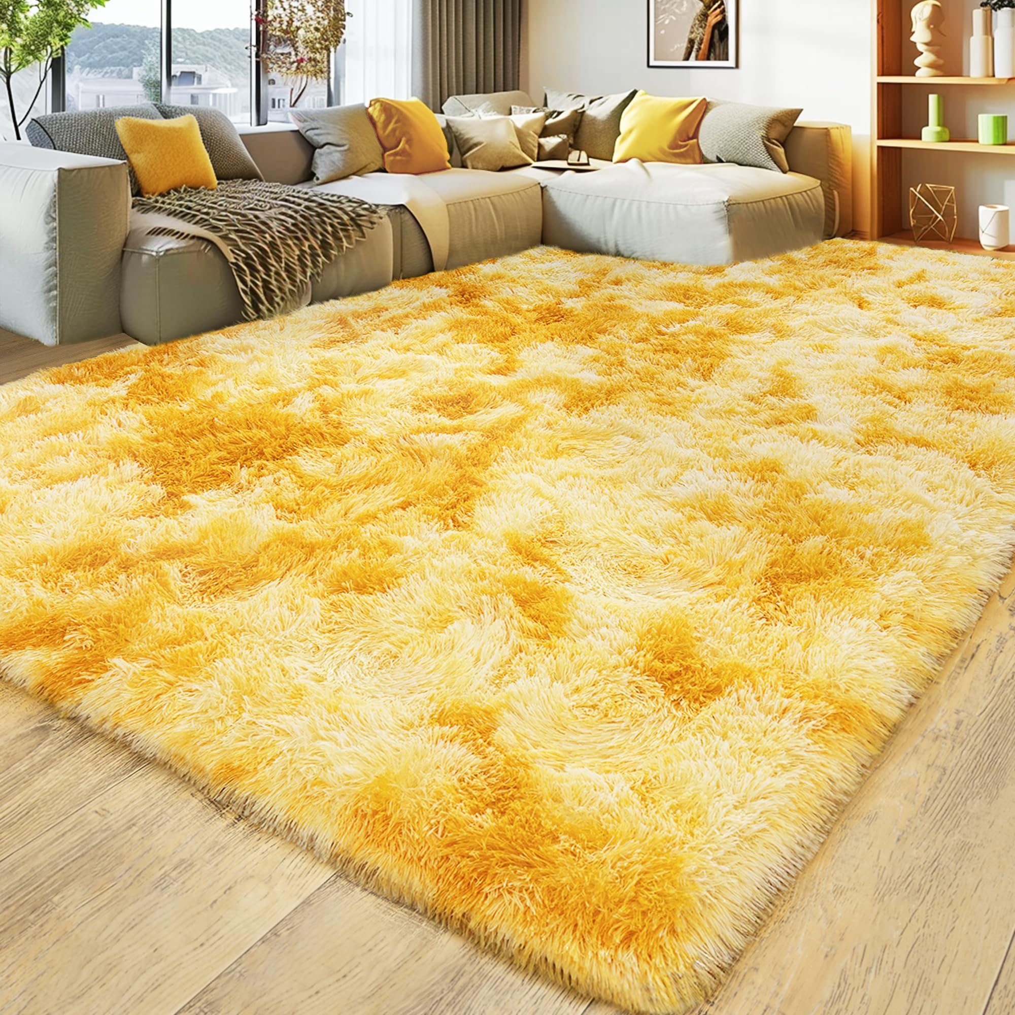 Photo 1 of Large 9x12 Area Rug for Living Room, Soft Shag Thick Fluffy Plush Fuzzy Carpet for Bedroom, Non Slip Dorm Rug for Home Decor Aesthetic, Tie-Dyed Yellow
