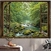Accnicc Window Forest Tapestry Green Nature Jungle Wall Tapestry for Bedroom Aesthetic Rainforest Stream Outdoor Landscape Sm