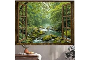 Accnicc Window Forest Tapestry Green Nature Jungle Wall Tapestry for Bedroom Aesthetic Rainforest Stream Outdoor Landscape Small Tapestries Wall Hanging for Dorm Living Room Decor 48 x 36 Inch