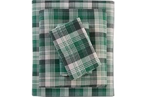 WOOLRICH JOHN RICH & BROS. Woolrich Cotton Sheet Set Cottage Charms Print, 100% Cotton Flannel Sheets Warm & Fuzzy Bedding Set Queen Size Sheets, Fitted Pocket Fits Up to 14" Mattress, Queen Green Plaid, 4 Piece