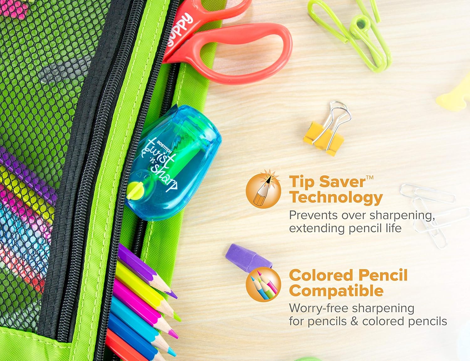 Bostitch Pencil Sharpener Twist-N-Sharp Colored Manual Small Pencil Sharpeners Hand Held, 3 Pack, Covered, Single Hole, Lime Green, Blue and Red Color Portable Handheld Sharpeners with Cover for Kids : Office Products