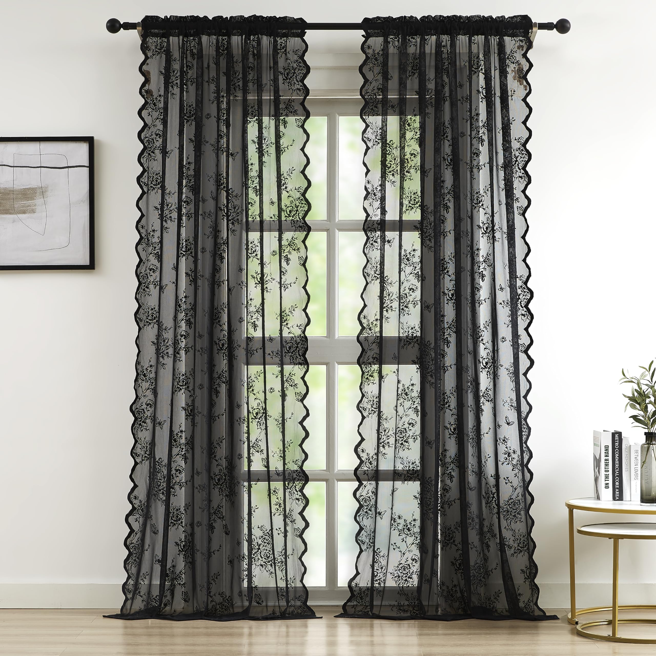 Bujasso Black Lace Curtains Vintage Floral Sheer Drapes 90 inch Rod Pocket Light Filtering Victorian Gothic Window Treatment for Living Room Bedroom Halloween 2 Panels 54" Wx90 L
