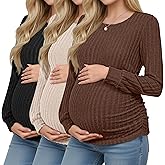 Oakgarden 3 Pack Women's Maternity Shirts Ribbed Long Sleeve Tops Pregnancy Sweaters Crew Neck Knit Side Ruched Tunic Tees