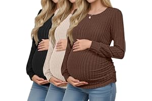 Oakgarden 3 Pack Women's Maternity Shirts Ribbed Long Sleeve Tops Pregnancy Sweaters Crew Neck Knit Side Ruched Tunic Tees