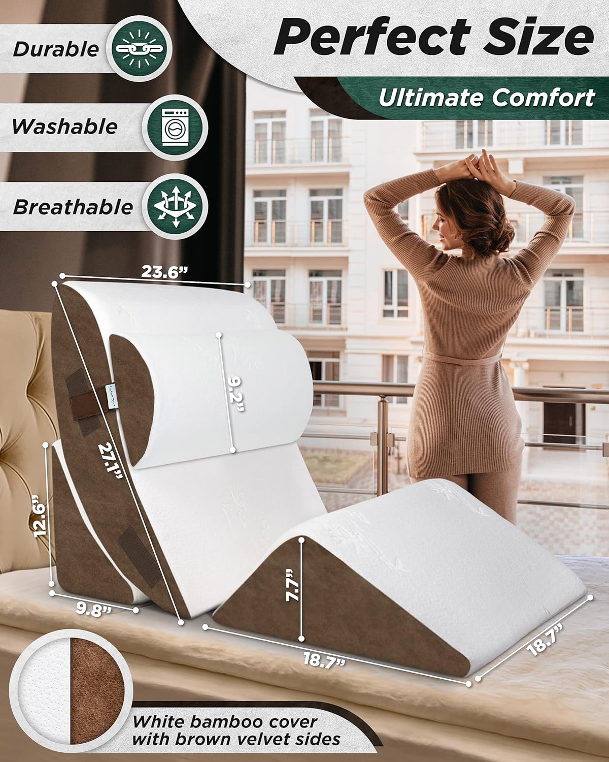 Lunix LX5 4pcs Orthopedic Bed Wedge Pillow Set, Post Surgery Memory Foam for Back, Neck and Leg Pain Relief. Sitting Pillow, Comfortable and Adjustable Pillows Acid Reflux and GERD for Sleeping Brown: Kitchen & Dining