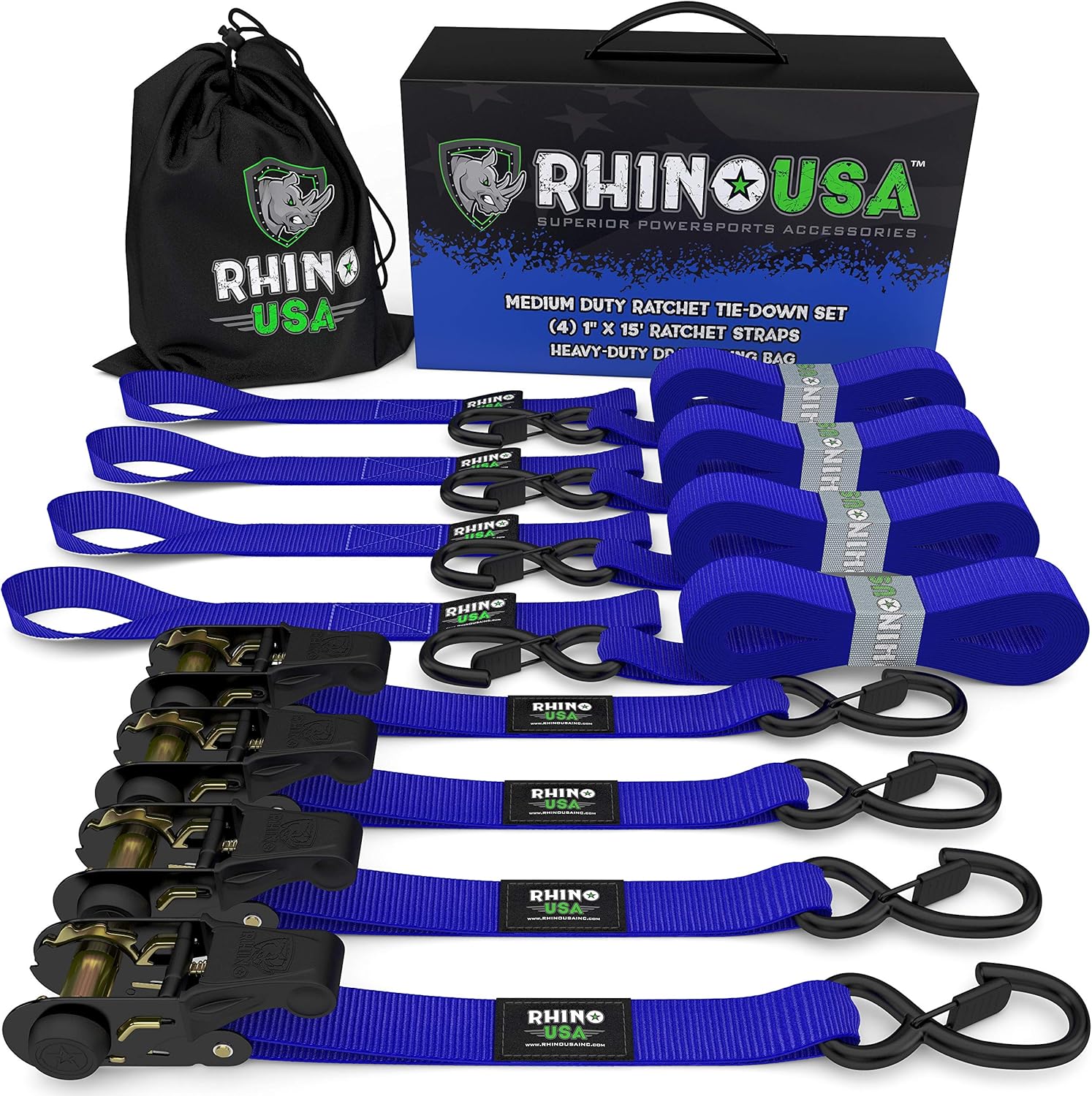RHINO USA Ratchet Tie Down Straps (4PK) - 1,823lb Guaranteed Max Break Strength, Includes (4) Premium 1" x 15' Rachet Tie Downs with Padded Handles. Best for Moving, Securing Cargo (BLUE): Automotive
