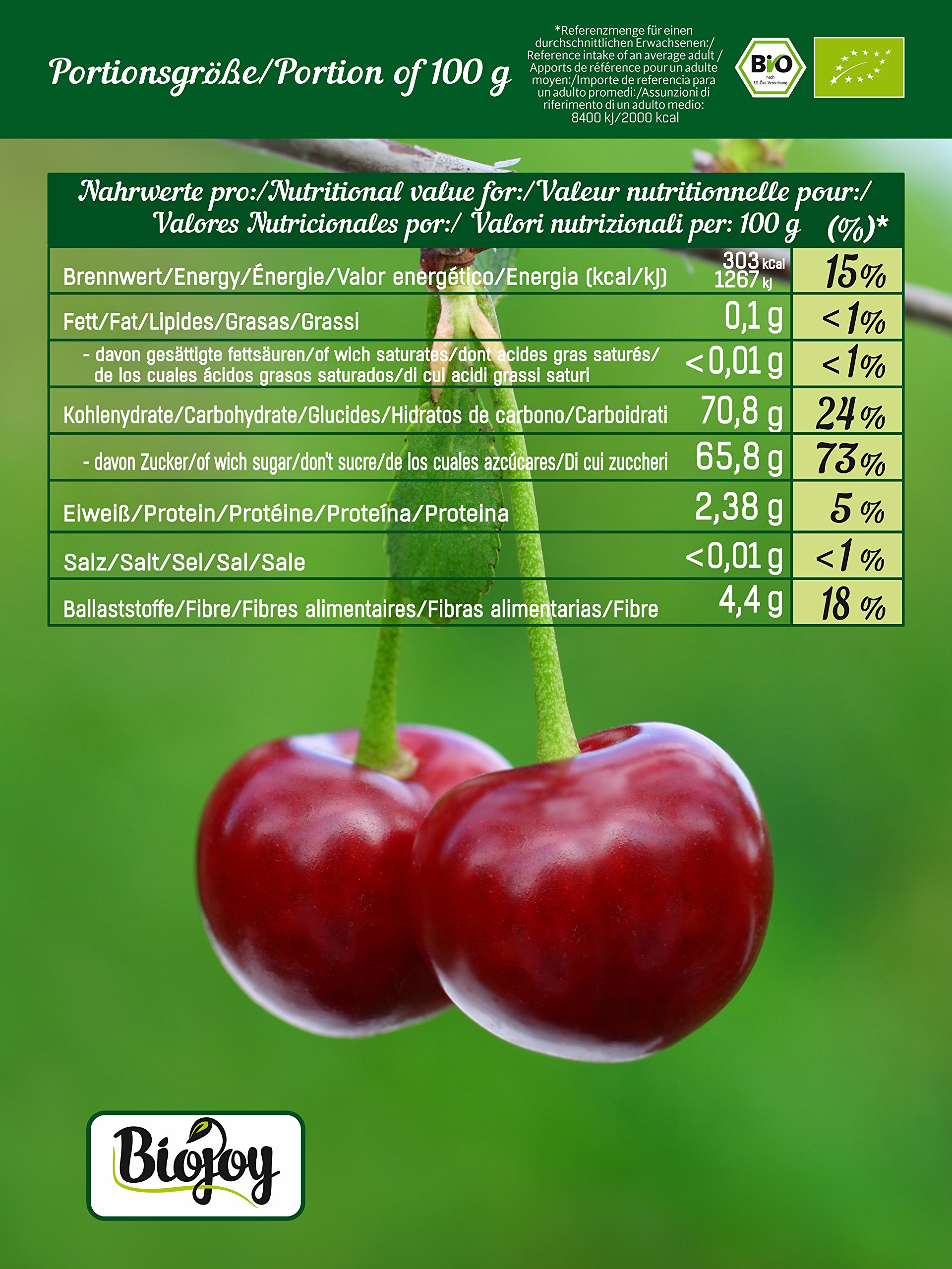 Biojoy Organic Cherries, Carefully Dried and pitted Sweet Cherries (0,5