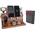 ETERLUCK Wooden Docking Station Men, Nightstand Organizer Bundle w/RFID Blocking Leather Wallet - Charging Station, Cell Phon